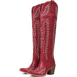 Women Over The Knee Western Boots Classic Embroidered Chunky Heel Slip On Red